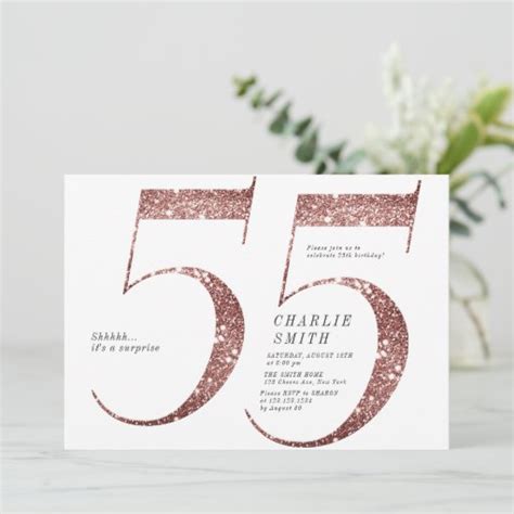 Modern Minimalist Rose Gold Glitter 55th Birthday Invitation Zazzle