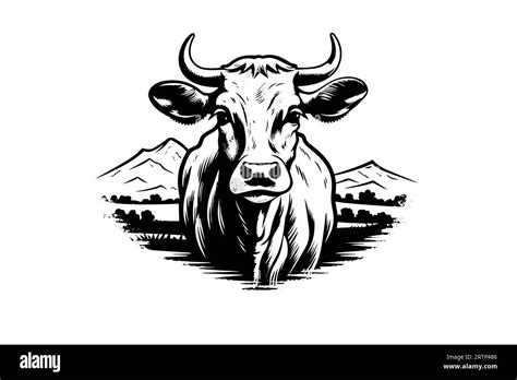 Cow Logotype Hand Drawn Ink Sketch Engraving Style Vector Illustration