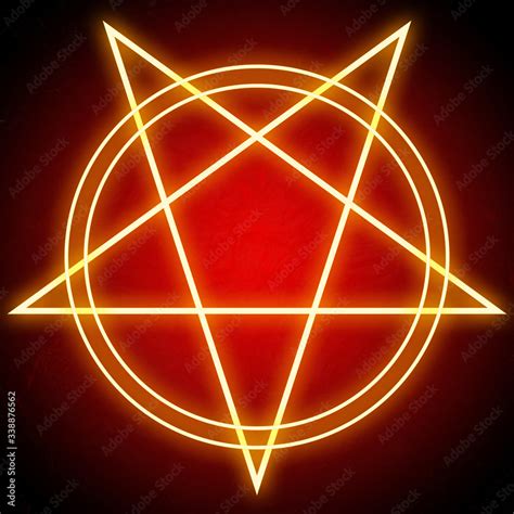 Glowing Bright Pentagram Star And Double Circles Shining Red On Dark