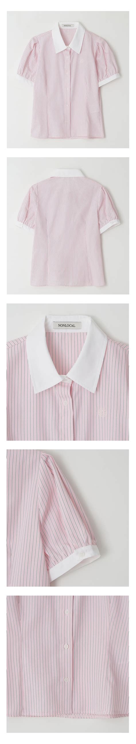 Puff Half Sleeve Stripe Shirt Pink Nonlocal