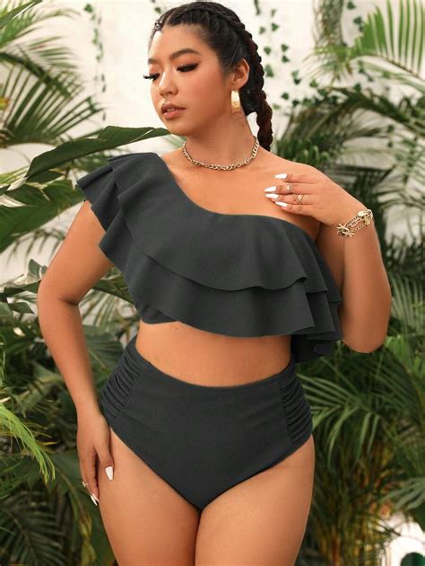 SHEIN Swim Curve Plus Size Ruffle Trim Ruched One Shoulder Bikini Set Summer Beach SHEIN USA