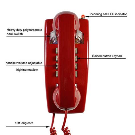 TelPal Red Wall Phone, Analog Corded Wall Mounted Phone with Loud Traditional Bell, Classic ...