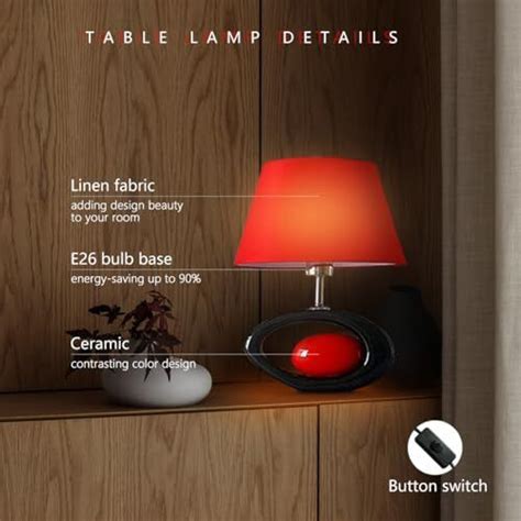 Red Modern Table Lamp Ceramic Desk Lights With Linen Shade Led Bedroom