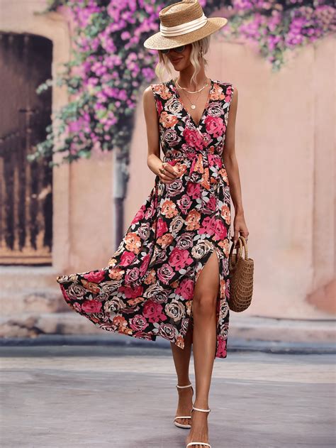 SHEIN VCAY Robe ceinturée à imprimé floral fendu Mode en ligne