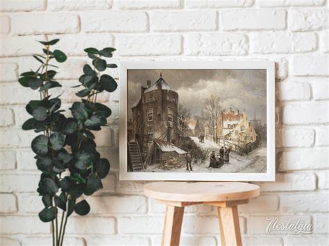 Rustic Village Painting Vintage Winter Print Warm Tone Cityscape Wall ...