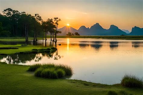 Premium Photo | A sunset over a lake with pine trees and mountains in ...