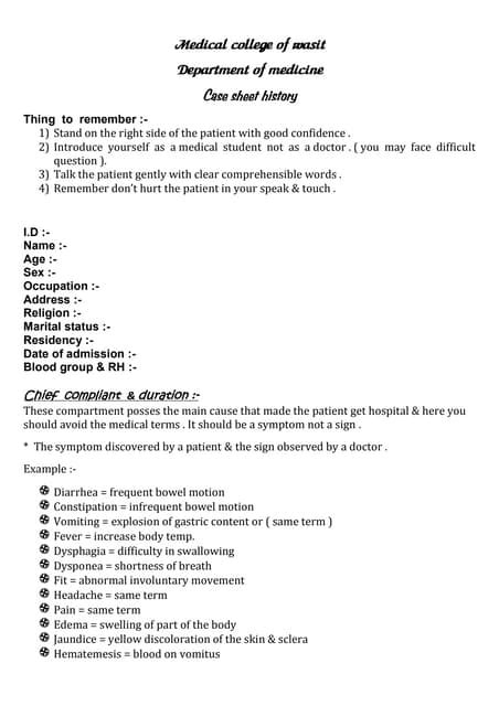 Case Sheet Of History Pdf