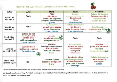 Cantine Scolaire Menu Du Mois De Mai Buzy En B Arn