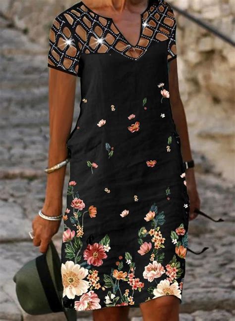 Floral Tunic V Neckline Knee Length A Line Dress Sofiesfashion