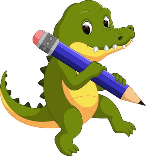 Premium Vector Cute Crocodile Holding Pencil