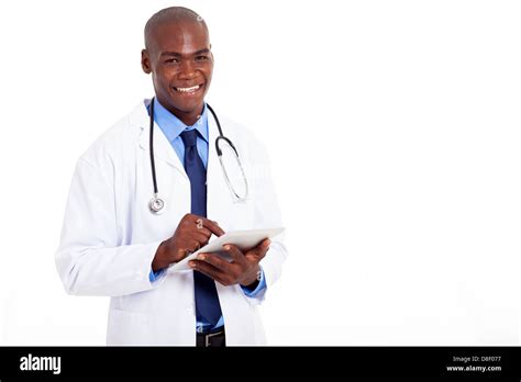 Male African American Medical Doctor With Tablet Computer On White