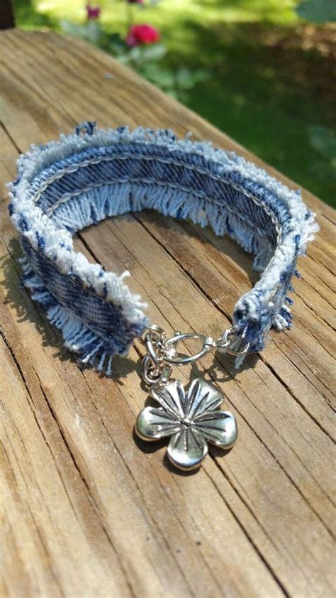 Upcycled Frayed Denim Bracelet With Flower Charm Denim Bracelet