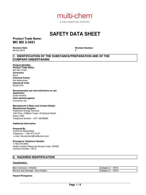 Scale Inhibitor MSDS (MC MX 2-3421) | PDF