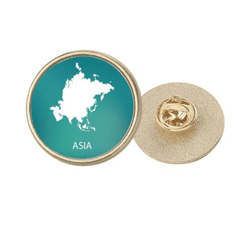 Asia Continent Outline Outline Map Round Metal Golden Pin Brooch Clip