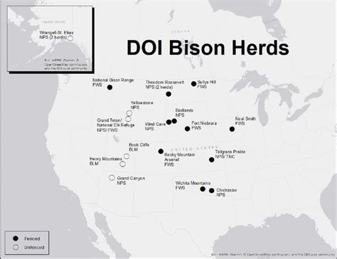 1. Map of all DOI plains bison herds.* Open circles indicate unfenced... | Download Scientific ...