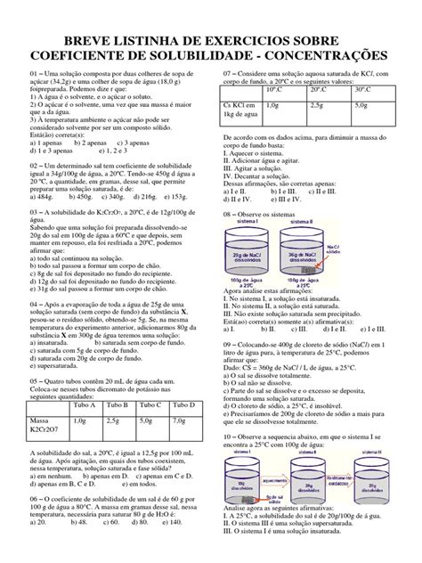 Exercicios Solubilidade - Breve Listinha de Exercicios Sobre Coeficiente de Solubilidade ...