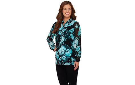 Susan Graver Printed Sheer Chiffon Big Shirt W Liquid Knit Tank Aqua