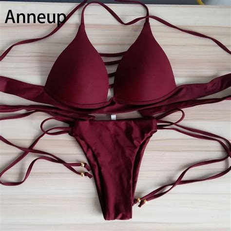 Anneup Mini Sexy Bikini Set Summer Swimsuit Solid Thong Bottom