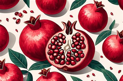 A Painting Of Pomegranates With Leaves And A Green Leaf Premium Ai