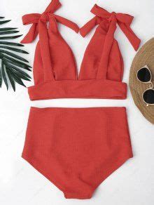 Tied Plunging Neck High Waisted Bikini In Red Zaful