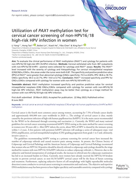 PDF Utilization Of PAX1 Methylation Test For Cervical Cancer