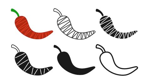 Premium Vector Red Hot Chili Pepper Pod Linear Icon Cartoon Symbol Set Simple Sign Spicy