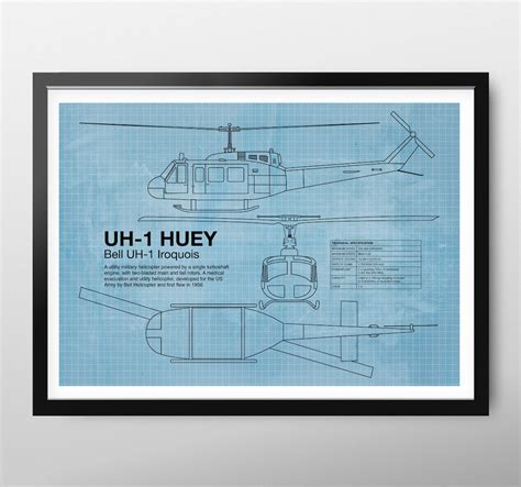 Huey helicopter blueprint poster Bell UH-1 Iroquois utility | Etsy