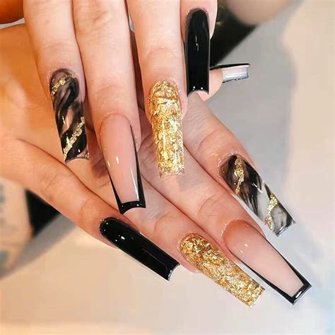 Pcs French Press On Nails Long Coffin Black French Fake Nails Elegant Black Marble Nude Black