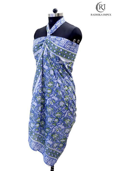 Hand Block Floral Print Swimsuit Bikini Wrap Cover Ri Sr 29 Blue 04 Pure Cotton Material In