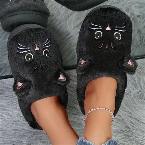 Cute Cartoon Cat Fuzzy Slippers Creative Closed Toe Soft Temu