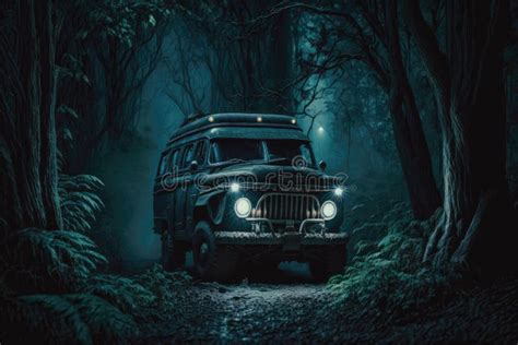 Old Car in a Dark Scary Mystical Forest at Night. Generative AI Stock Illustration ...