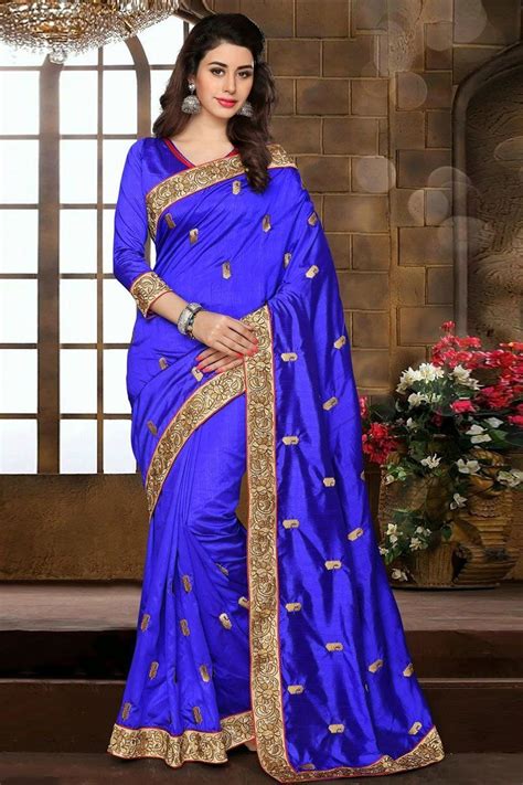 Dark Blue Color Embroidery Work Partywear Silk Saree Rs 1500 Saree