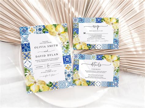 Positano Blue Tiles Lemon Wedding Invitation Set Etsy