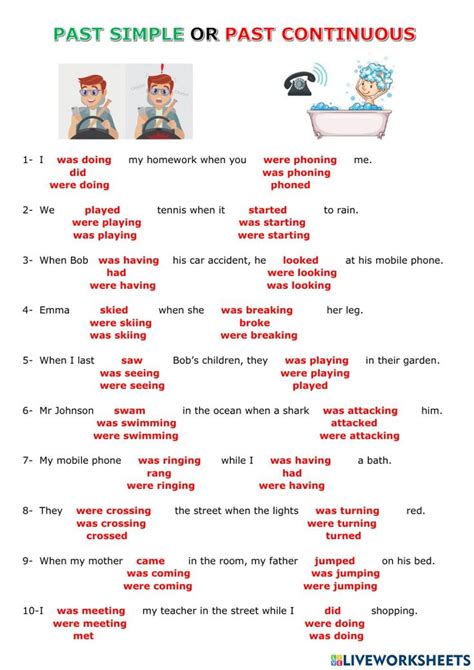 The Past Simple Or Past Continuous Tense Worksheet Is Shown In Red And Blue