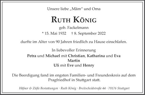 Traueranzeigen Von Ruth K Nig Stuttgart Gedenkt De