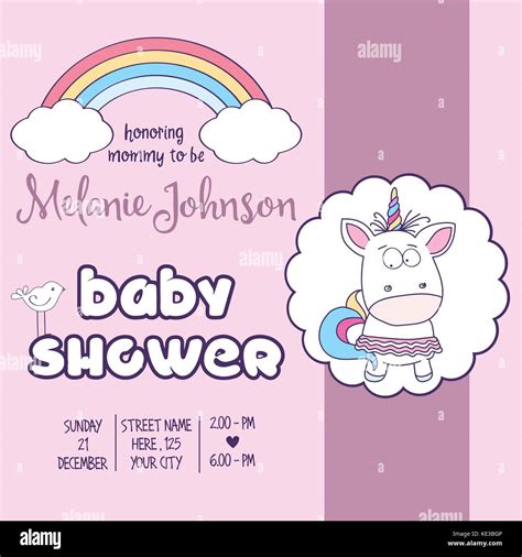 Beautiful Baby Shower Card Template With Lovely Unicorn Baby Girl