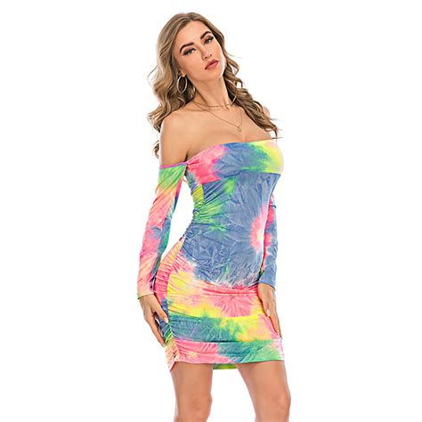 Sexy Multicolor Tie Dye Print Off The Shoulder Long Sleeve Package Hip Dress N20635