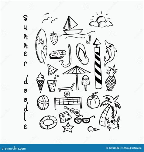 Summer Beach Vacation Doodle Hand Drawn Line Art Set Stock Vector