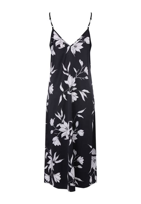 Womens Black Floral Long Satin Chemise Peacocks