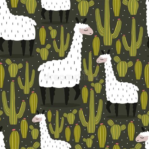 Colorful Seamless Pattern With Cute Llamas Cactuses Stock Vector