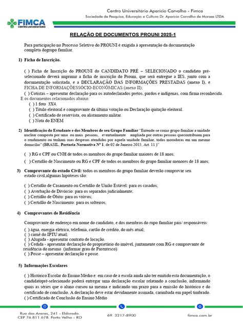 Lista De Documentos Prouni - Documentos Necessários PROUNI 2025-1 | PDF | Imposto de Renda | Deficiência