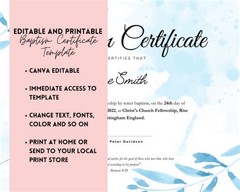 Certificate of Baptism Editable Printable Blue Baby Adult Baptism ...