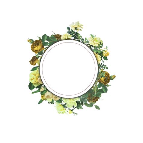 an oval frame with yellow flowers and green leaves around it, on a ...