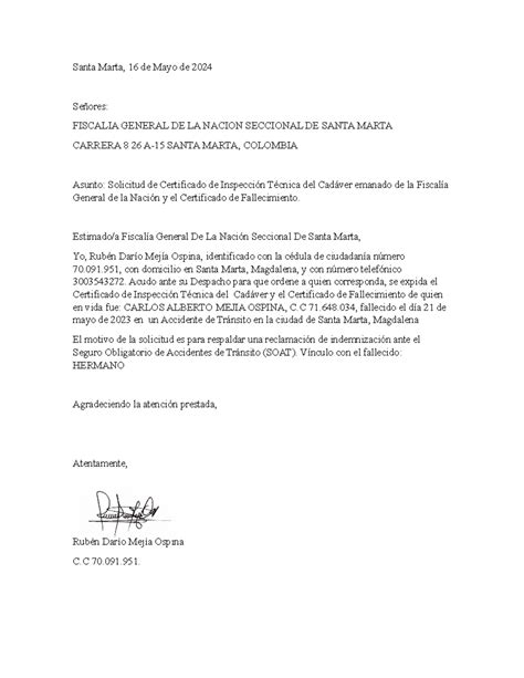 Solicitud de Certificado de Inspección Técnica del Cadáver emanado de