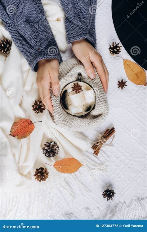 Women S Hands Hold A Cup With Hot Coffee With Marshmallows Scarf