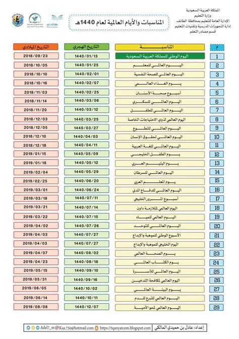 جدول المناسبات العالمية 1440 لعام 2019 المرسال