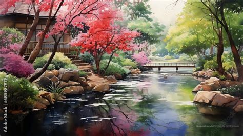 watercolor painting of Japanese garden with pond bridge and traditional temple Stock ...