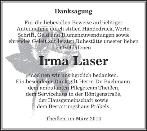 Traueranzeigen Von Irma Laser Abschied Nehmen De