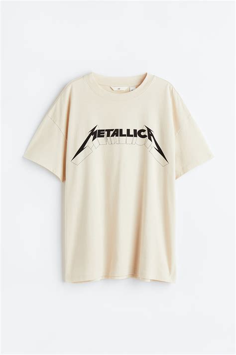 Oversized Printed T Shirt Light Beige Metallica Ladies Handm Gb