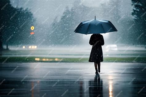 Premium Photo A People With An Umbrella In The Middle Of Heavy Rain